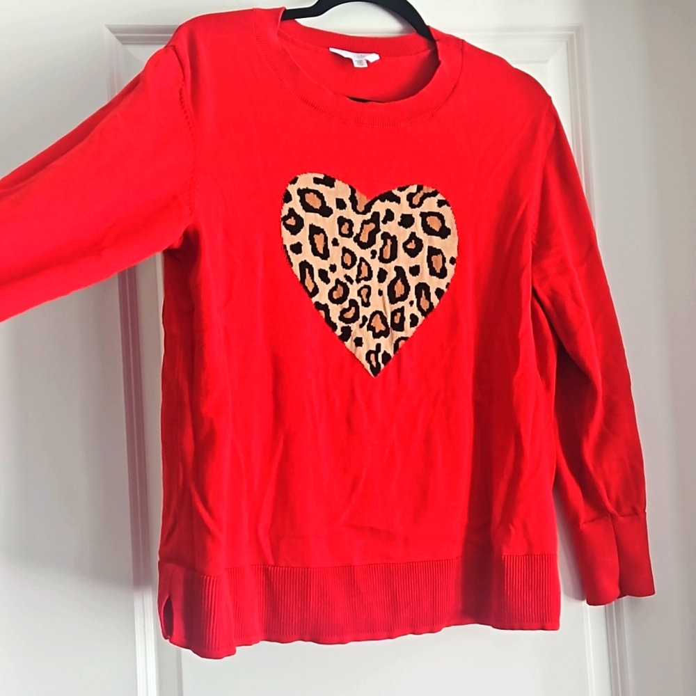 Time and Tru Red Leopard Heart Sweater